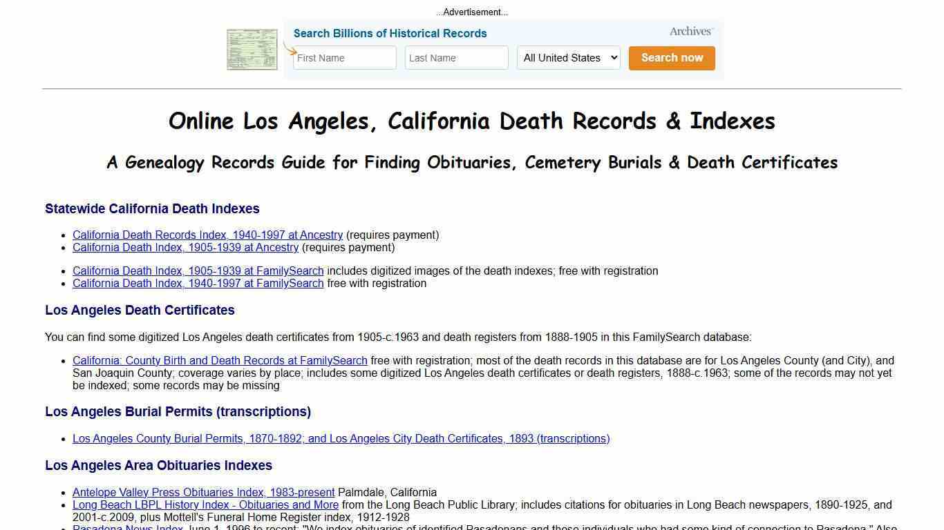 Online Los Angeles City & County Death Indexes, Records & Obituaries